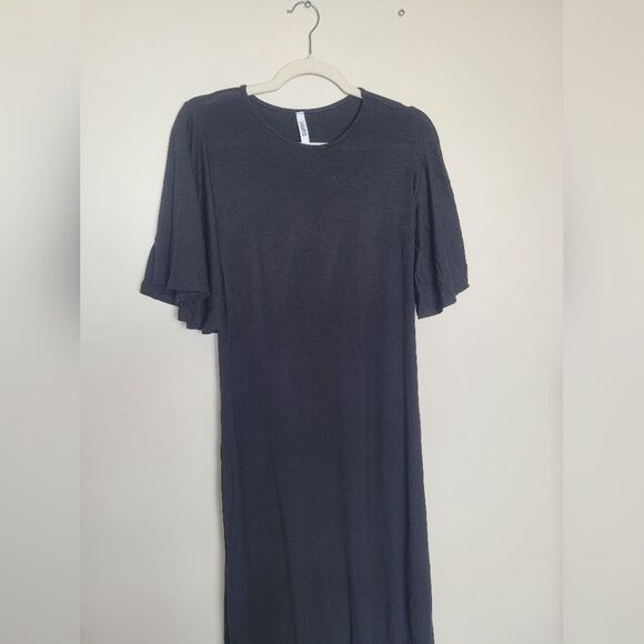 2Hearts Jersey Knit Dress Bell Sleeves Full Skirt Black Midi Soft Casual Medium - Picture 5 of 10